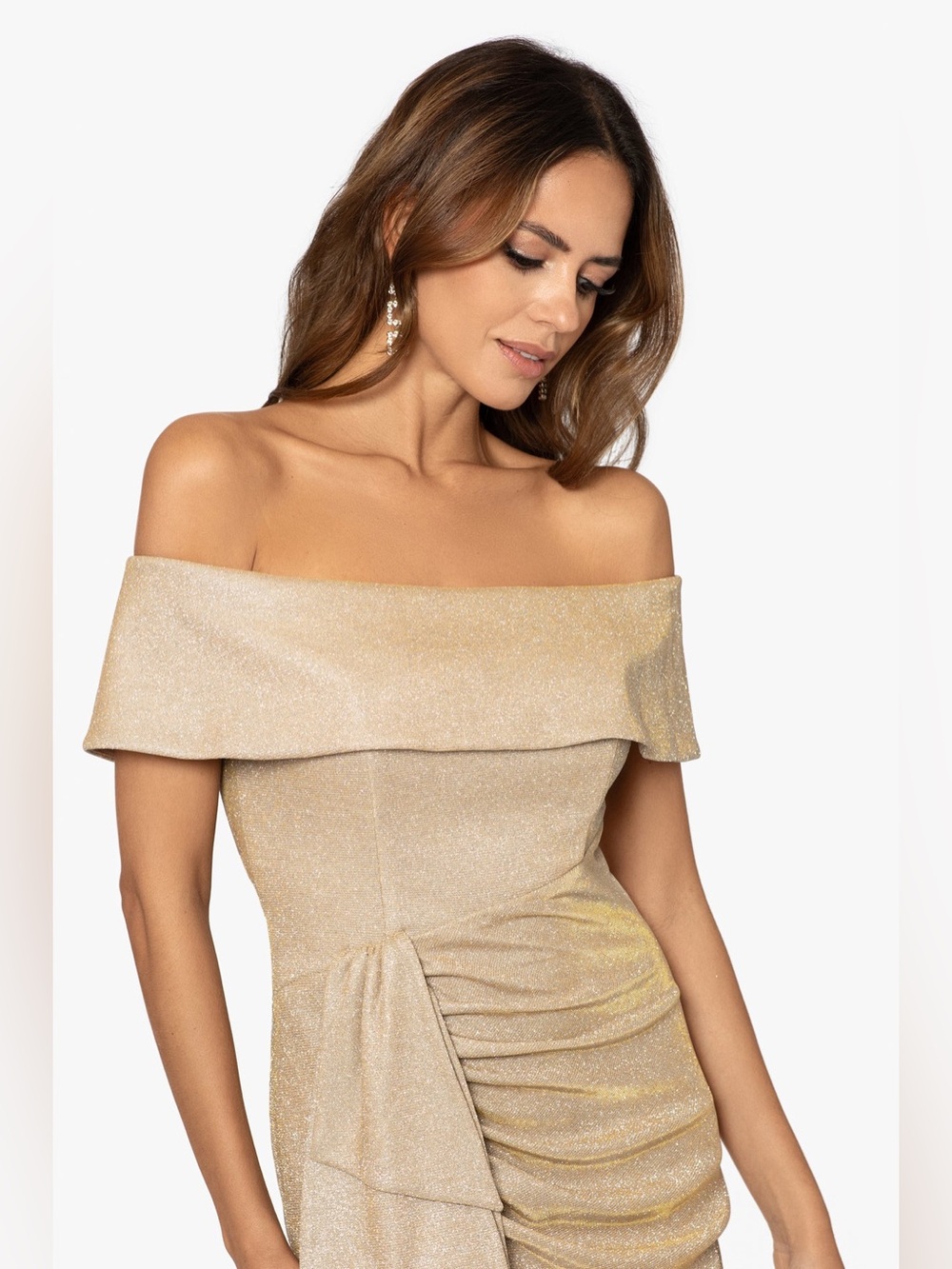 XSCAPE "TESSA" GLITTER OFF THE SHOULDER RUFFLE DRESS - Picture 6 of 12